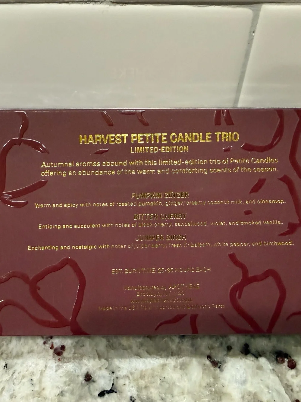 APOTHEKE Harvest Petite Candle Trio - Cherry, Pumpkin, & Juniper (New In Box)